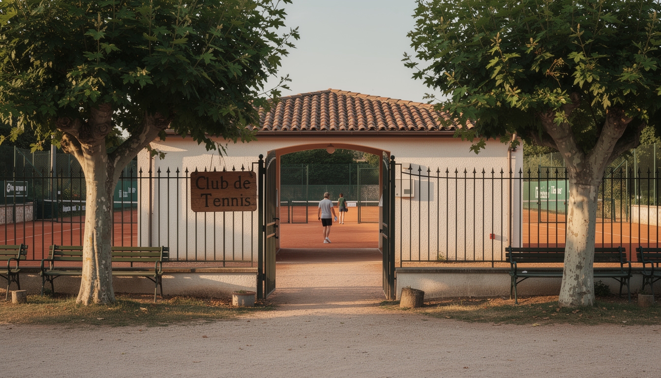 Extérieur du club de tennis entouré de verdure et de végétation