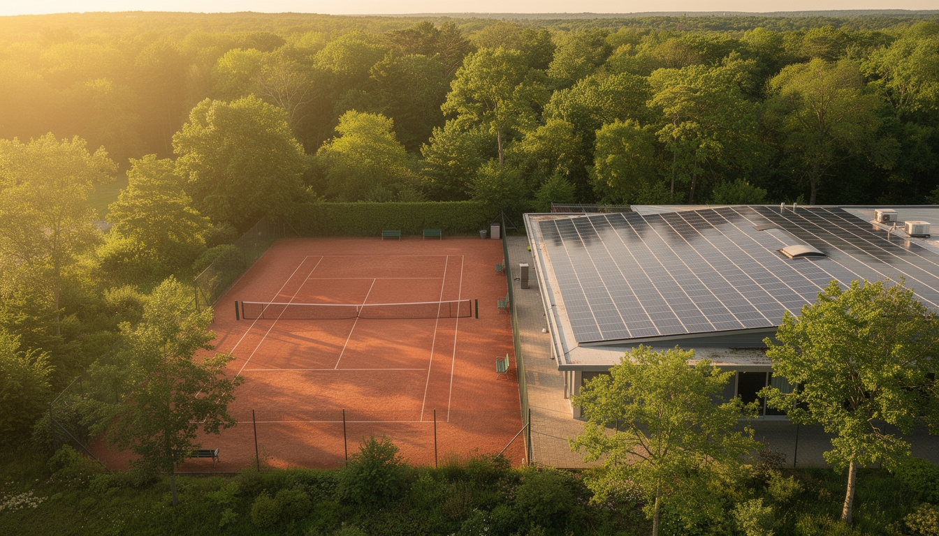 Court de tennis avec panneaux solaires et végétation environnante